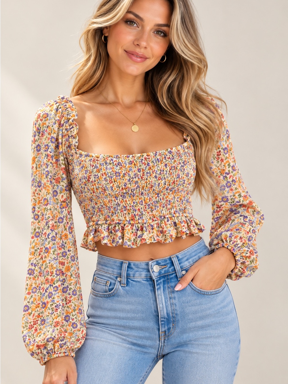Floral Smocked Crop Top with Long Puff Sleeves - Yellow Floral